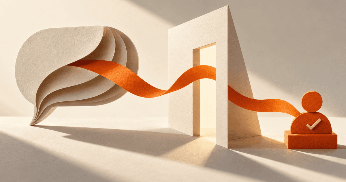 An orange path connects a paper conversation, a landing-page doorway and an inquiry