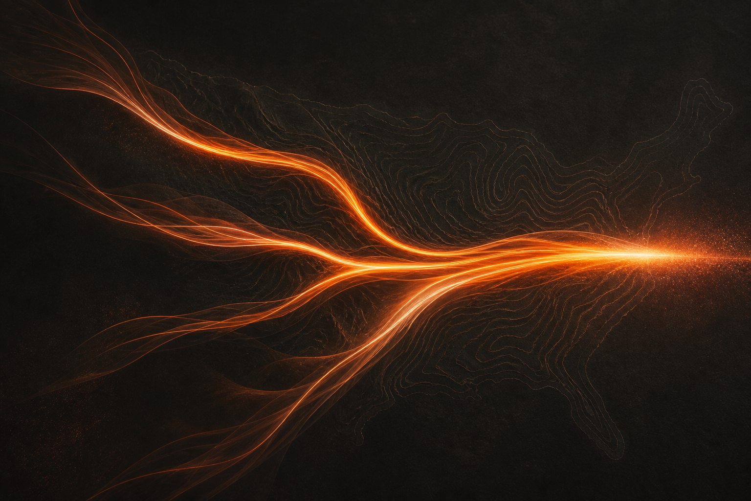 Orange lines converging across a black topographic field.