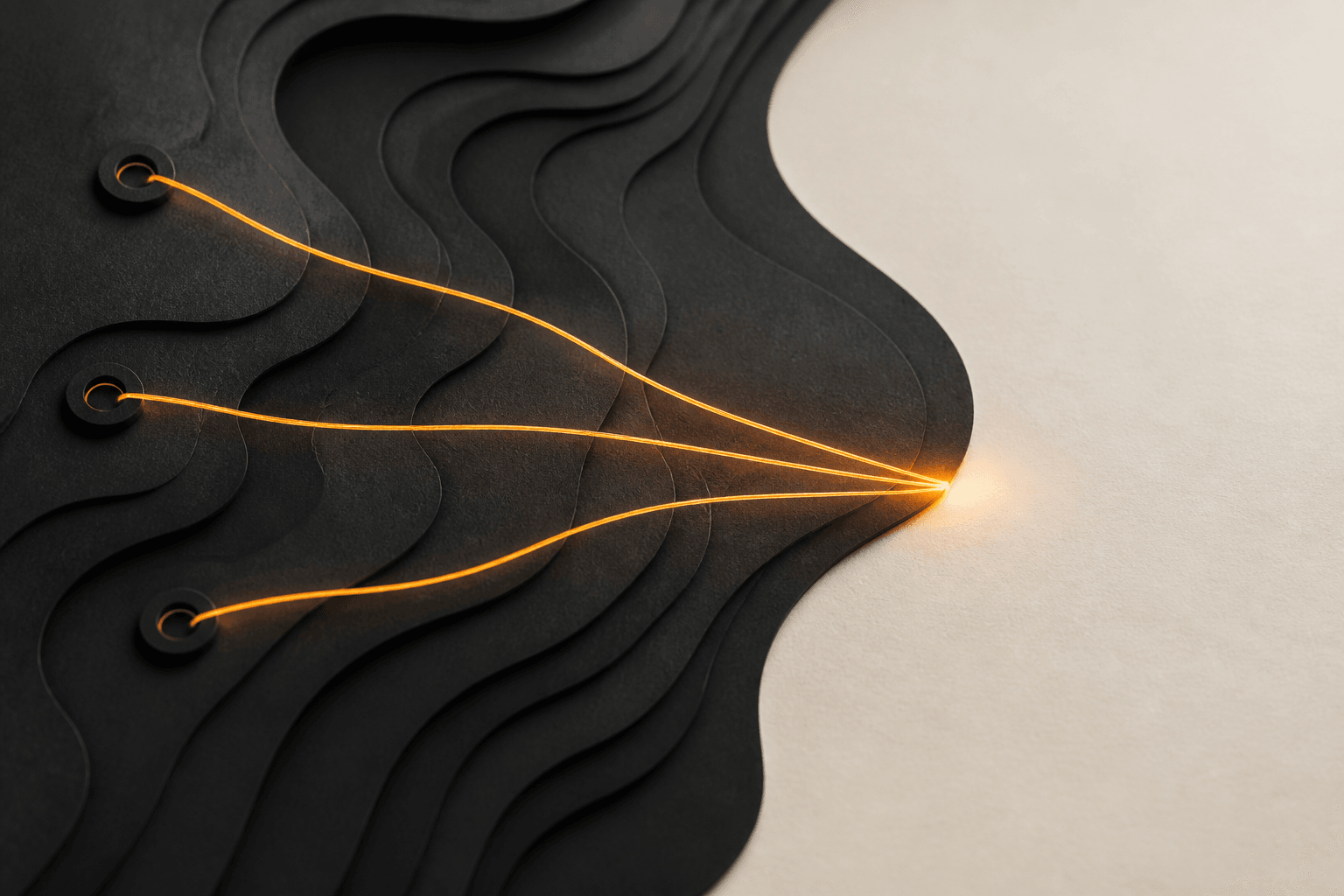 Three orange signal lines converging through layered black paper into a bright field.