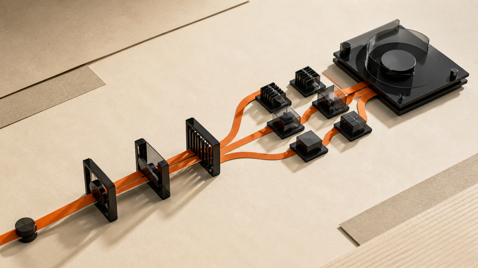 A controlled orange route passing through permission gates, work modules, and a final review point