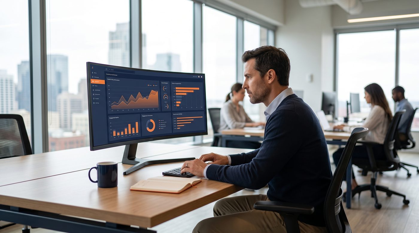 A marketer reviewing social media analytics and engagement charts, measuring real return beyond likes